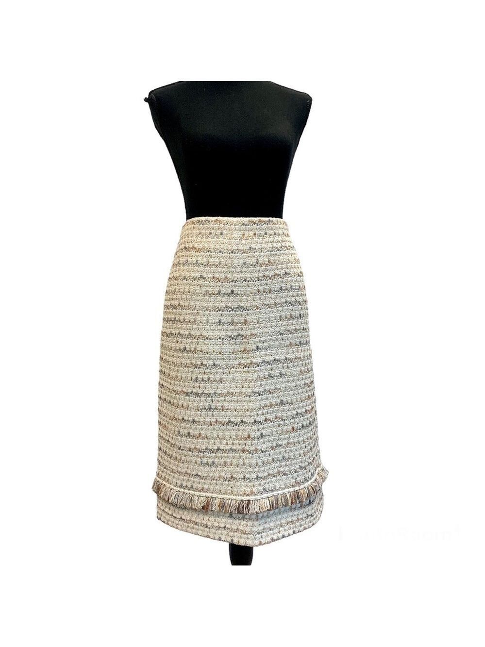 ST. John cream metallic gold tweed knit fringe pencil skirt Sz 10 stretchy